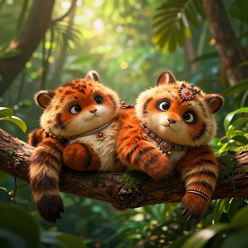 Digital artwork of two adorable, fluffy tiger cubs with big eyes, wearing jeweled necklaces and bracelets, lounging on a tree branch in a