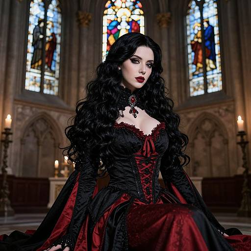 Gothic woman with long black curly hair, dark lipstick, in a black and red corset dress, standing in a candlelit, stained-g