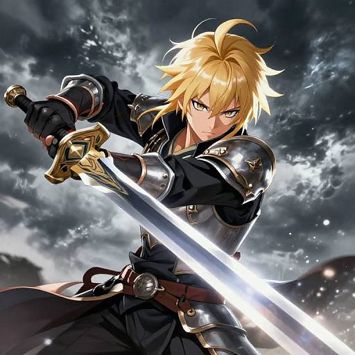 Anime Blond Warrior in Stormy Battle