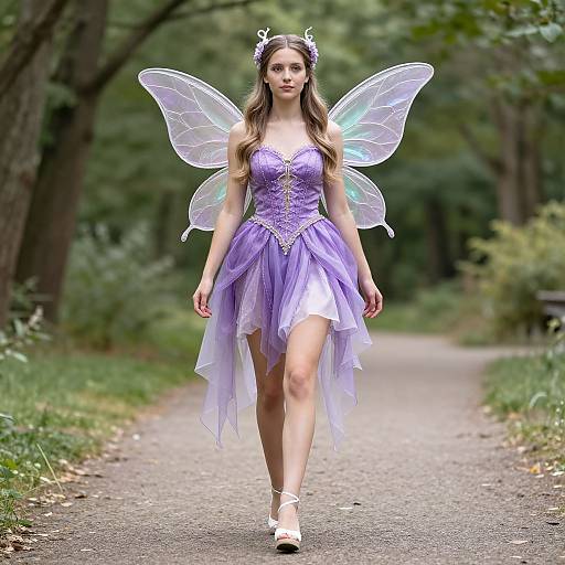 Photograph of a young woman with long brown hair, wearing a lavender fairy dress, translucent wings, and white heels, walking down a forest path.