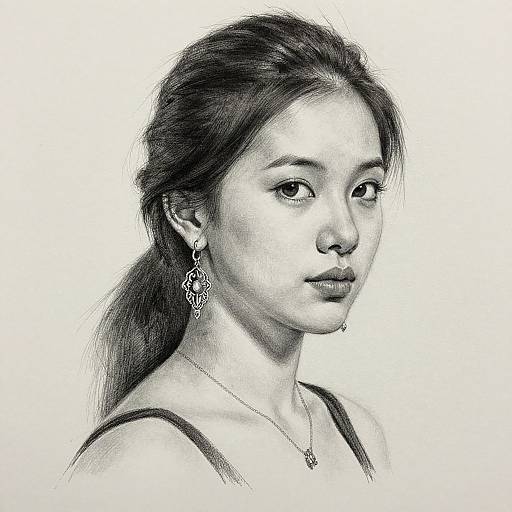 Black-and-white pencil drawing of an East Asian woman with long hair, wearing a spaghetti strap top, earrings, and a necklace, gazing slightly to