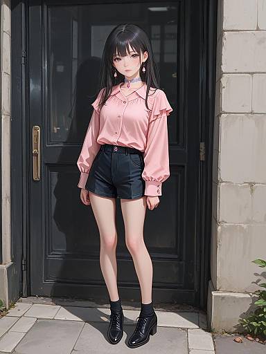 Digital anime-style drawing of a young woman with long black hair, pink blouse, black shorts, and black shoes, standing in front of a dark wooden