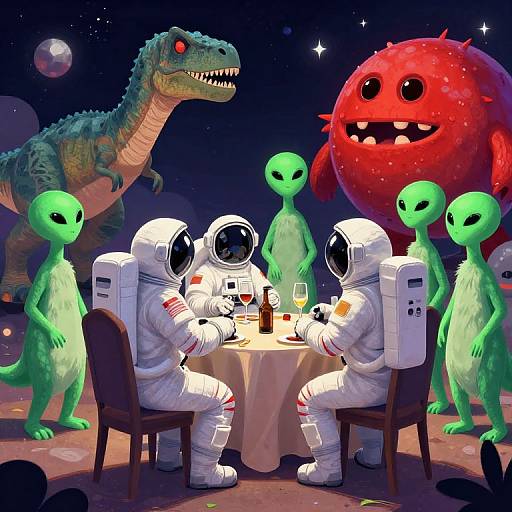 Digital illustration: Two astronauts in white suits dining at a table with green alien-like creatures, under a starry night sky, with a large red orb