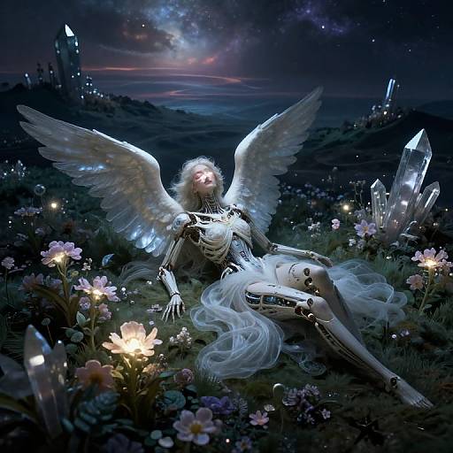 Digital fantasy artwork of a white-winged angel with glowing armor, lying in a moonlit meadow of glowing flowers and crystals.