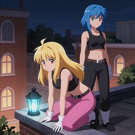 Two Anime Characters on Rooftop at Night