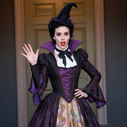 Photograph of a pale-skinned woman in a Victorian-style black witch costume with purple accents, waving, in front of a door.