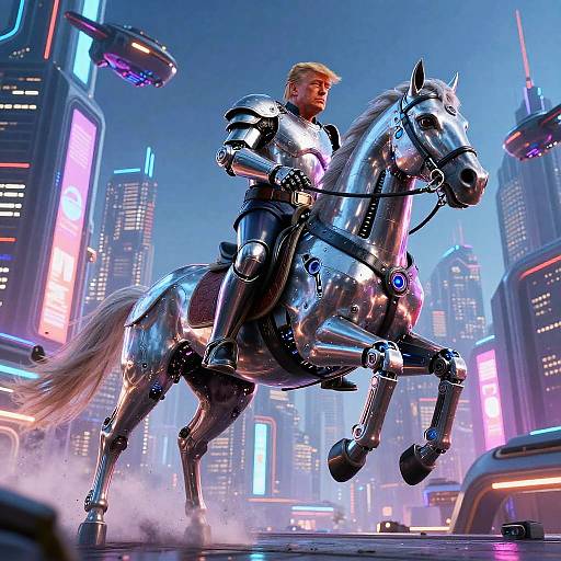 Trump on Cybernetic Horse in Neon City