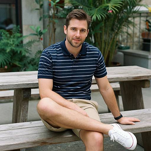 Photograph of a young, handsome man with short brown hair, blue eyes, and light stubble, wearing a navy striped shirt and beige shorts,