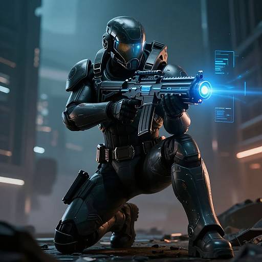 CGI image of a futuristic armored soldier in a crouched, combat-ready stance, aiming a glowing blue laser rifle in a dark, neon-l