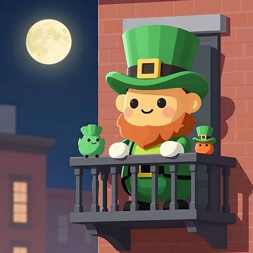 3D Cute Leprechaun on Balcony at Moonlight