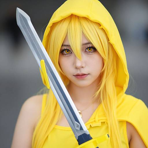 Photograph of an Asian woman with long, bright yellow hair and matching hood, wearing a yellow outfit, holding a silver sword, with yellow eyes and