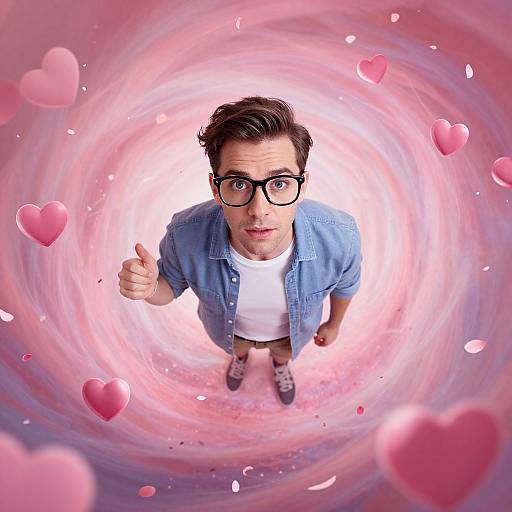 Photograph of a man with black glasses, blue shirt, white tee, and patterned socks, giving a thumbs-up from a pink, heart-filled