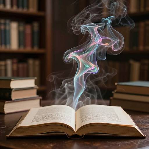 Photograph of an open book emitting colorful, swirling smoke in a dimly lit library with stacks of books in the background.