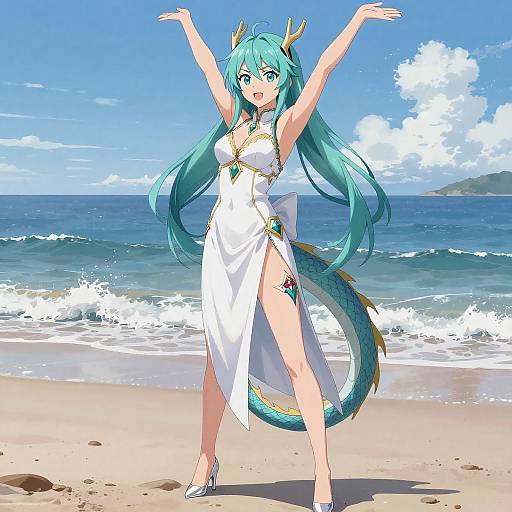 Anime Female Character with Dragon Tail on Beach