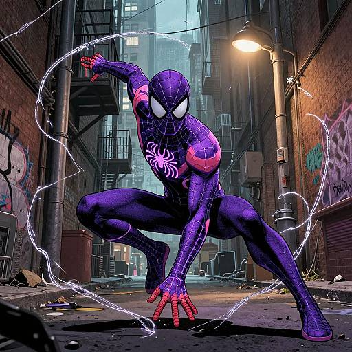 Digital art of Spider-Man in a dark purple suit, crouching in an urban alley at night, with glowing web patterns and city lights in the