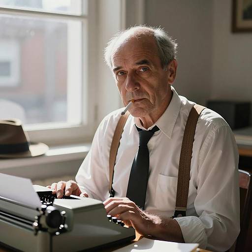 Pensive Writer at Typewriter in Sunlight