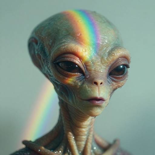 Photograph of a detailed, realistic alien with large, expressive eyes, greenish-brown skin, and a rainbow reflection on its head, against a