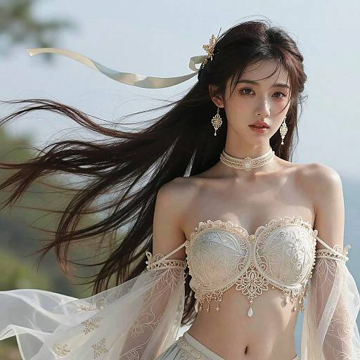 Photograph of an Asian woman with long black hair, wearing an ornate, off-shoulder, lace bridal top, gold choker, and