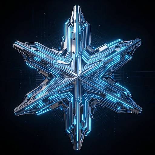 Digital artwork of a glowing, futuristic, blue neon snowflake with intricate, star-like patterns against a black background.