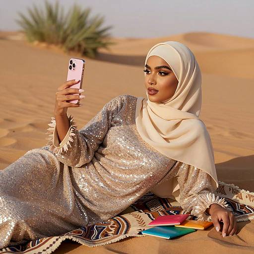 Elegant Woman in Desert with Smartphone