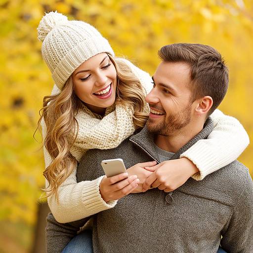 Photograph of smiling couple in autumn, woman with long blonde hair, white knit beanie and scarf, man with short brown hair, grey sweater,