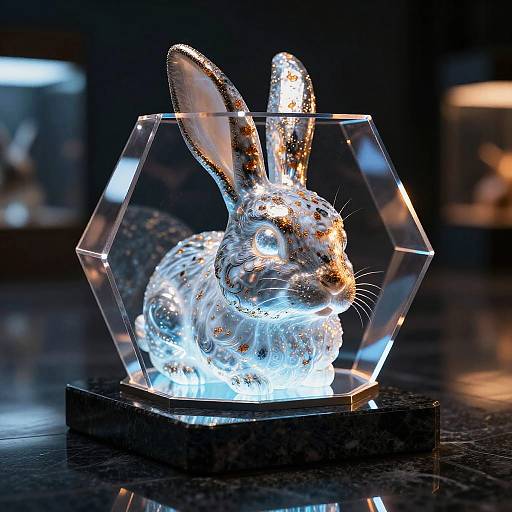 Glowing, crystal-clear rabbit figurine with sparkling accents in an octagonal glass container, illuminated, on a black reflective surface. Photorealistic