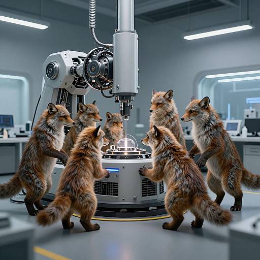 Photorealistic CGI: Six fluffy red fox kits surround a futuristic industrial machine with bright lights in a sterile laboratory setting.
