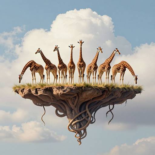 Digital artwork of nine giraffes standing on a floating, grassy rock island with roots against a bright blue sky with fluffy clouds.