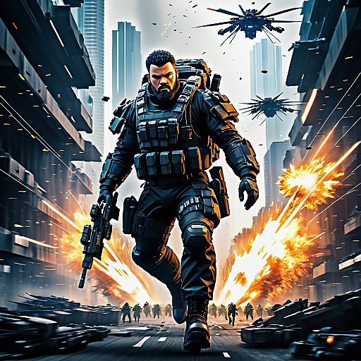Futuristic Mercenary in Explosive Combat Scene Futuristic Mercenary in Explosive Combat Scene