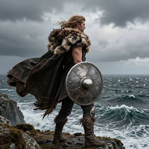 Viking warrior with fur-collared cloak, metallic shield, and furred leg guards stands on rocky cliff, ocean waves crashing, stormy sky