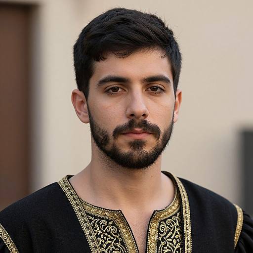 Photograph of a young man with dark hair and beard, wearing a black shirt with intricate gold embroidery, standing against a blurred beige and brown background.