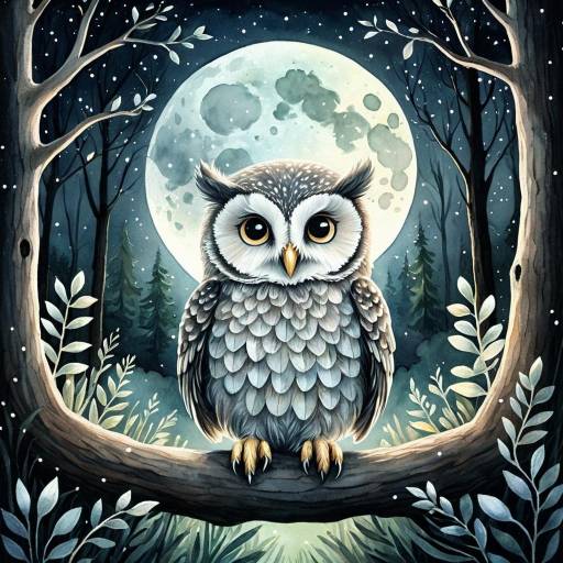 Gentle Baby Owl Under Full Moon