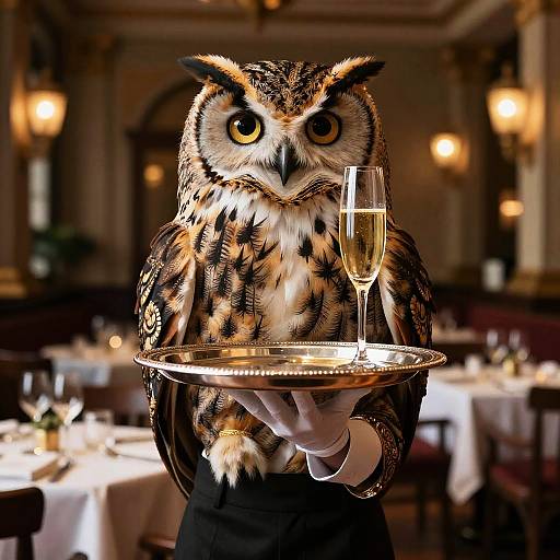 Ultra-Detailed Owl Sommelier in Restaurant