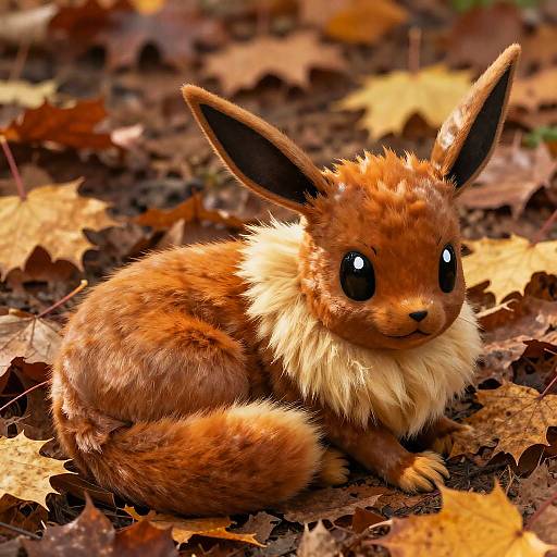 Photograph of a fluffy, brown Eevee with large, black-tipped ears, sitting on a forest floor covered in colorful autumn leaves.