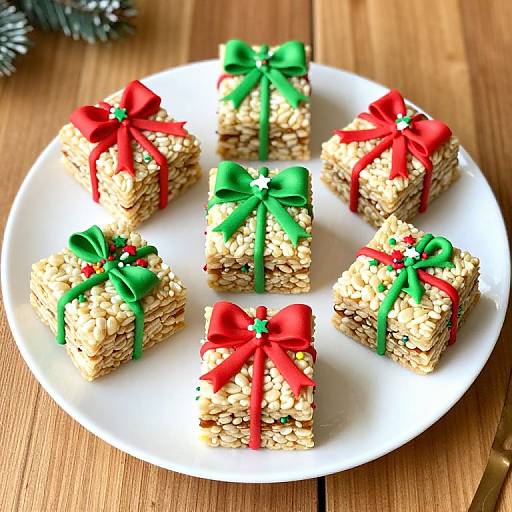Photograph of seven square, oatmeal-based gifts with red or green bows, arranged on a white plate on a wooden table.