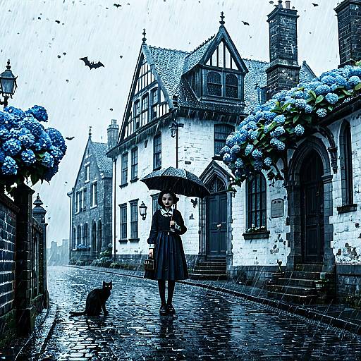 Gothic Schoolgirl in Rainy Setting