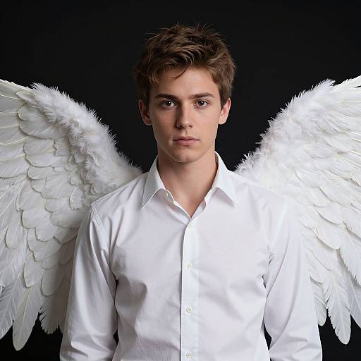 Photograph of a young man with short brown hair, wearing a white shirt, and large white angel wings against a black background.