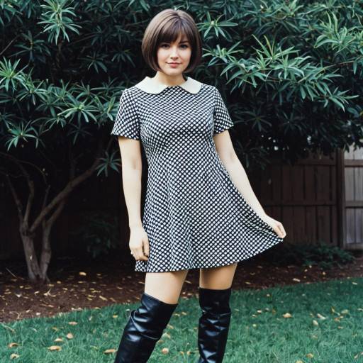 Youthful Woman in Mod Era Dress and Knee-High Boots