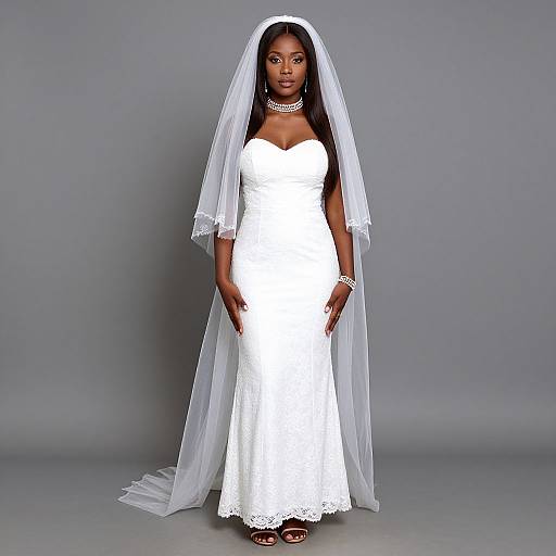 Photograph of a dark-skinned bride in a white lace wedding dress and veil, standing against a gray background, wearing a pearl necklace and bracelet,