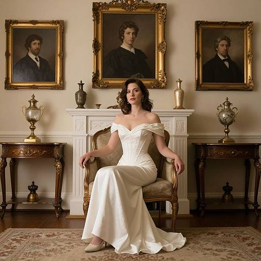 Photograph of a brunette woman in an off-shoulder white gown, seated in an ornate chair, flanked by three framed portraits, vintage