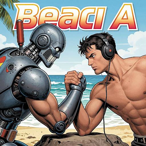Comic-style beach scene: muscular shirtless man with headphones facing robotic opponent on sandy beach, ocean waves in background, 