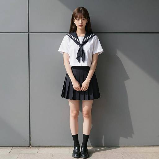 Elegant Asian Schoolgirl Against Geometric Wall