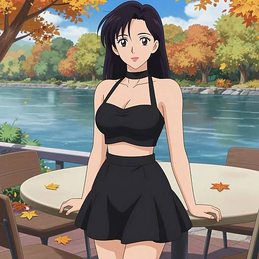 Anime-style drawing of a black-haired woman in a black halter top and skirt, standing by a lakeside table with autumn leaves.