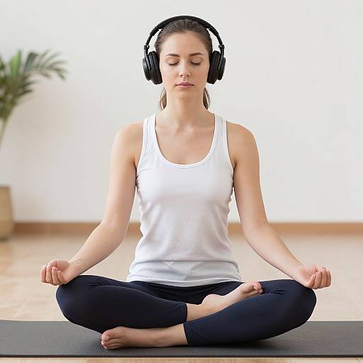 Photograph of a fair-skinned woman with dark hair, wearing a white tank top and black pants, sitting cross-legged in meditation, wearing black headphones