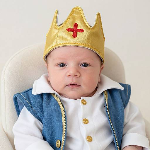 Photograph of a baby with fair skin wearing a gold crown with a red cross, white shirt, and blue vest, against a white background.