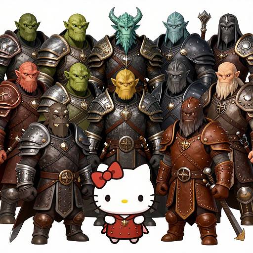 Digital illustration of seven armored, fantasy orc-like warriors with diverse skin tones, standing in a row, with Hello Kitty and a red car in front.
