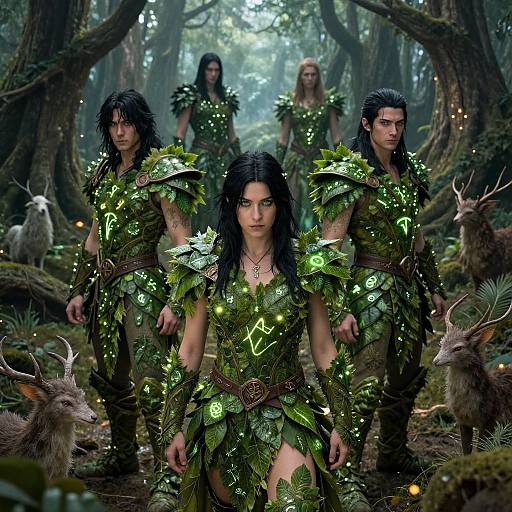 Photorealistic CGI of four dark-haired, green leaf armor-clad warriors with glowing accents, standing in a mystical forest with deer, surrounded by magical