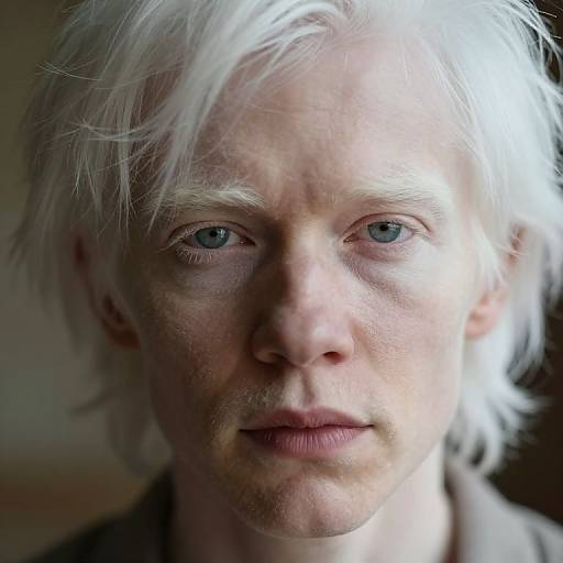 Close-up photograph of a pale-skinned man with white, slightly messy hair, blue eyes, and light freckles, looking directly at the camera