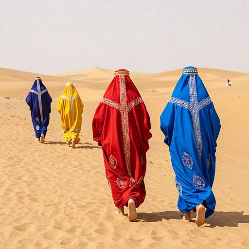 Photograph of four robed figures in red, yellow, blue, and royal blue with white cross embroidery walking through a sandy desert.