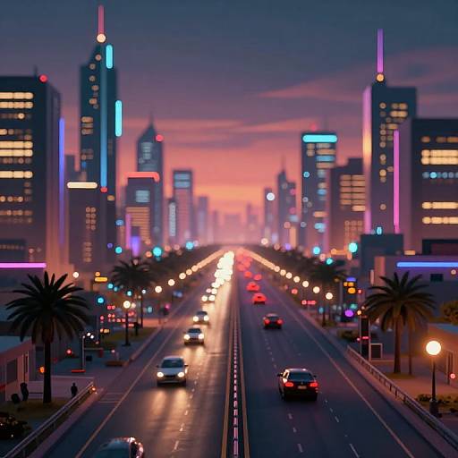 Digital artwork of a neon-lit, futuristic cityscape at sunset, with glowing skyscrapers, busy multi-lane road, and palm trees lining